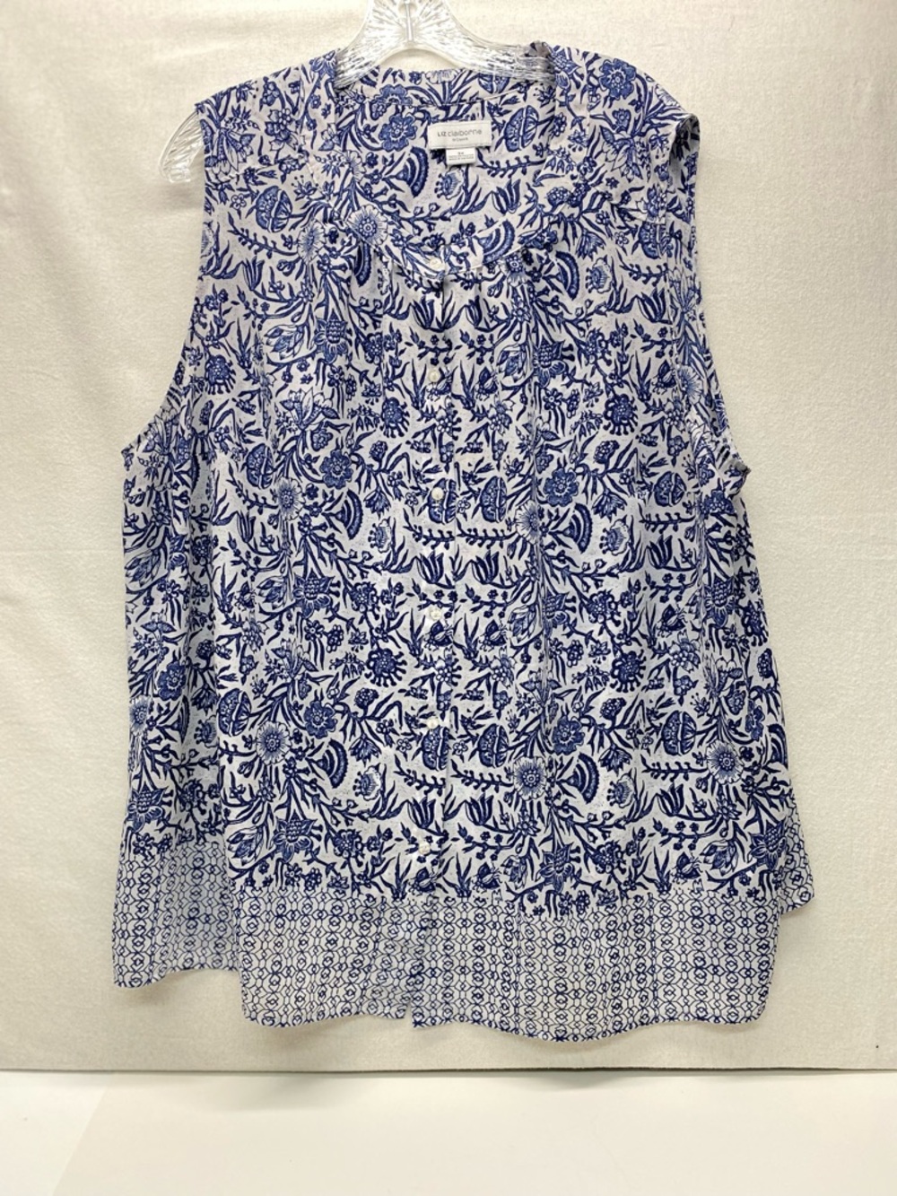 Liz Claiborne 3X White & Blue Floral Pattern Button-Front/Sleeveless Top/Blouse